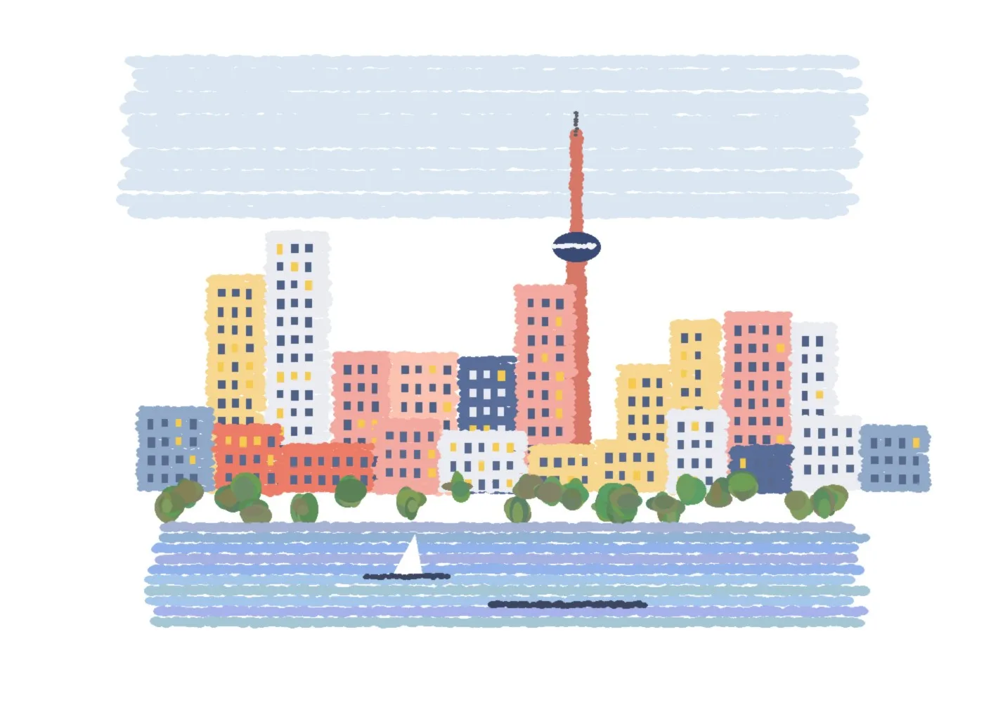 Painted illustration of the Ontario skyline across the lake